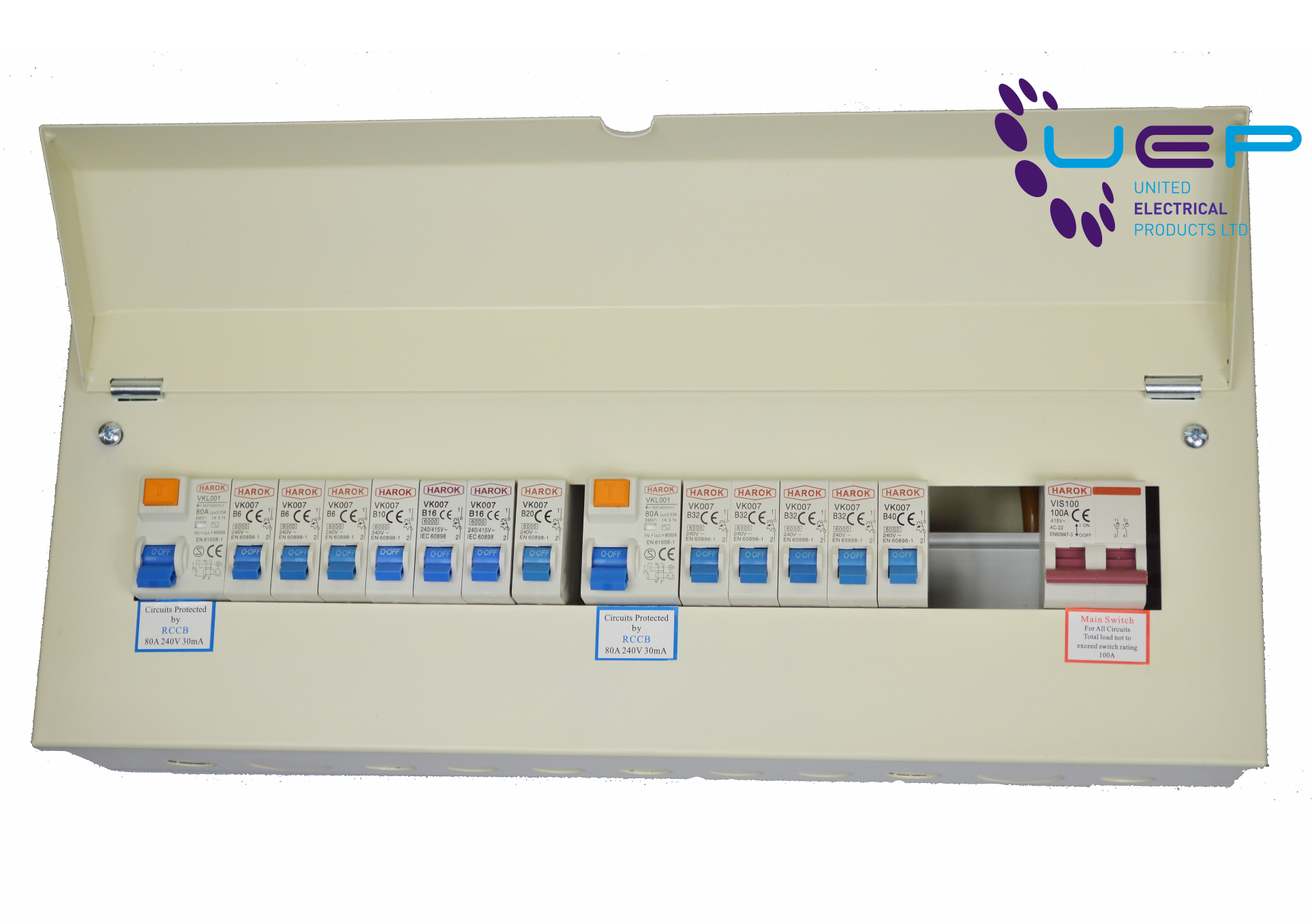 Harok - Amendment 3 Metal Consumer Unit 21 Way - 14 Usable C/w 100a Mainswitch, 80a RCD & 12 MCBs - VUEP908