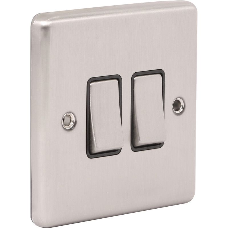 Brushed Steel 2 Gang Double 10A Light Switch -  W02BSB