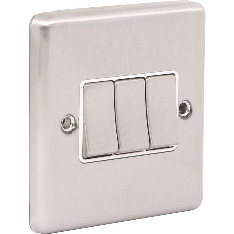 Brushed Steel 3 Gang Treble 10A Light Switch W03BSW