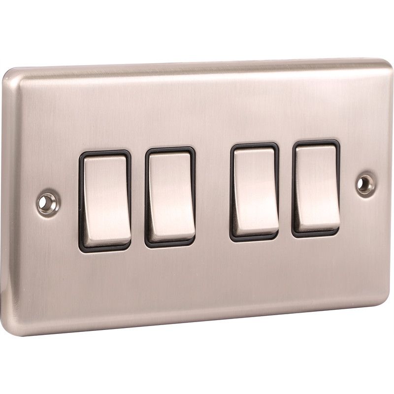 Brushed Steel 4 Gang Quad 10A Light Switch -  W04BSB