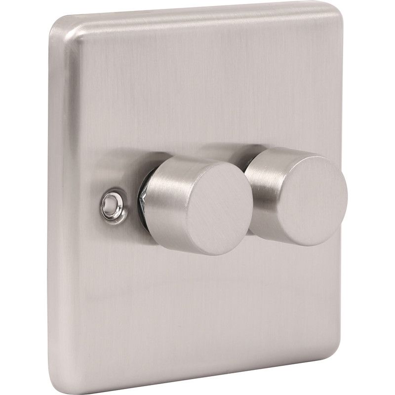 Brushed Steel 2 Gang 400W Dimmer Switch W23BS