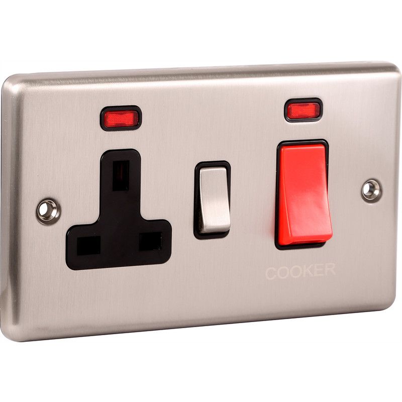 Brushed Steel 45A Cooker Switch with Socket -  W41BSB