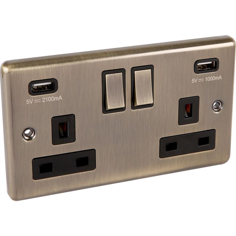 Antique Brass Double USB Socket - W65AB