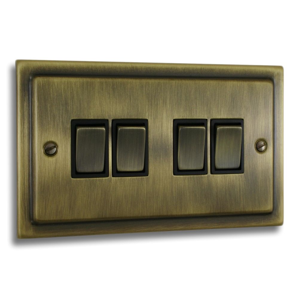 Victorian Antique Brass 4 Gang Quad 10a Light Switch - V04AN
