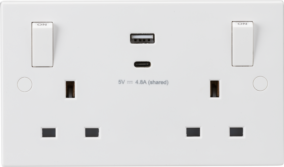 13A 2G SP Switched Socket with Dual USB A+C (5V DC 4.8A shared) with Outboard Rockers - SN9002