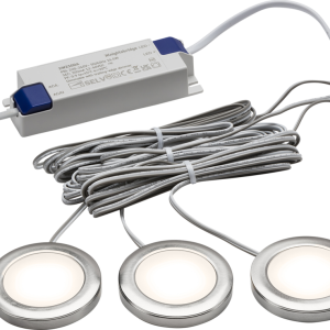 230V IP20 2.5W LED Dimmable Under Cabinet Lights in Brushed Chrome - Pack of 3 - 3000K - UNDKIT3BCWW