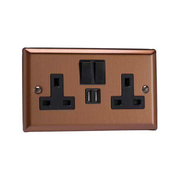 Urban Brushed Bronze 2-Gang 13A Single Pole Switched Socket + 2x5V DC 2100mA USB Charging Ports XY5U2SB.BZ
