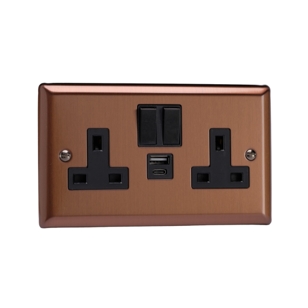 Urban Brushed Bronze 2-Gang 13A Single Pole Switched Socket with 1x USB A & 1x USB C Charging Ports XY5UACB.BZ