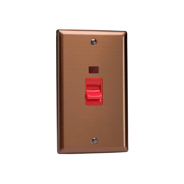 Urban Brushed Bronze 45A Cooker Switch + Neon (Vertical Twin Plate, Red Rocker) XY45N.BZ