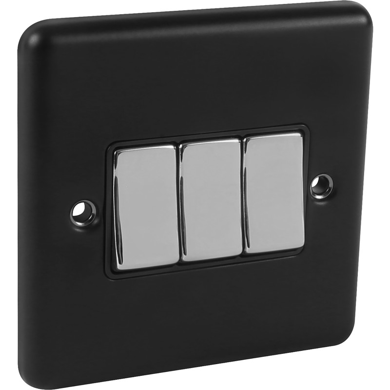 Matt Black 3 Gang 10A 2 Way Switch with Polished Chrome Rocker W03MBPC