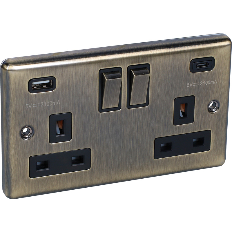 Antique Brass USB A & C Type Switched Socket 2 Gang 3.1A W67AB