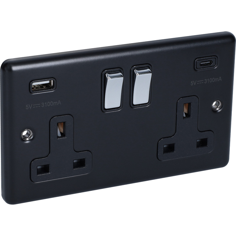 Matt Black Double Socket with Two USB Ports A & C 3.1 AMP with Polished Chrome Rocker W67MBPC