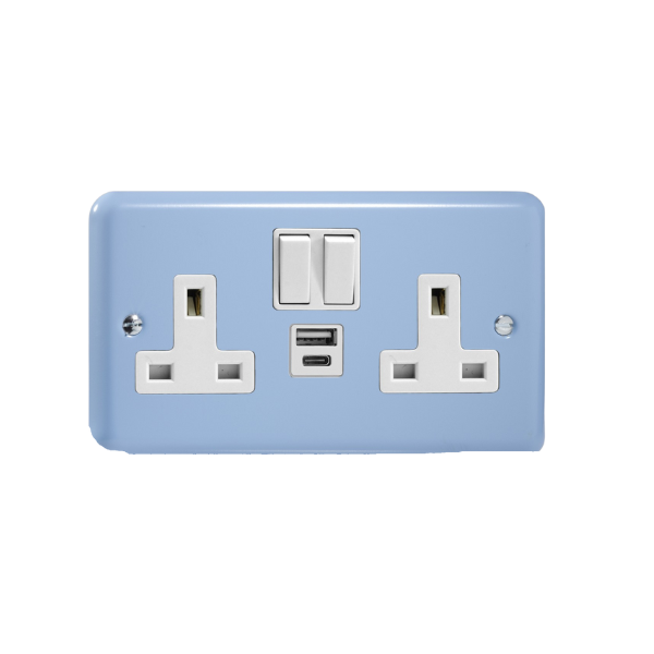 Duck Egg Blue 2-Gang 13A Single Pole Switched Socket with 1x USB A & 1x USB C Charging Ports XY5UACW.DB