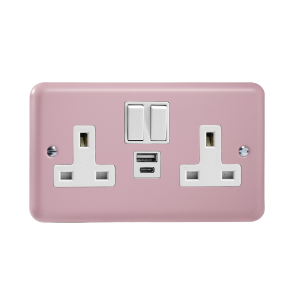 Rose Pink 2-Gang 13A Single Pole Switched Socket with 1x USB A & 1x USB C Charging Ports XY5UACW.RP