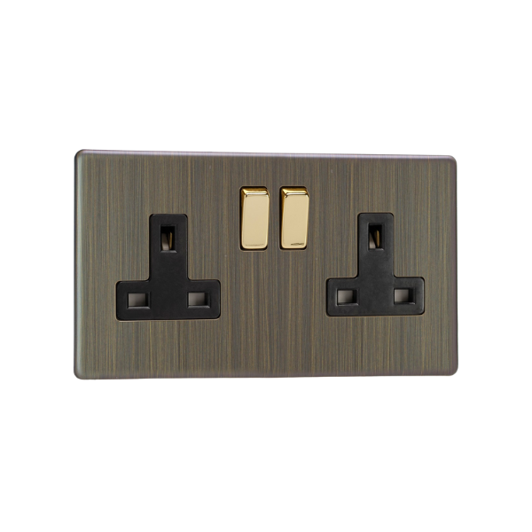 Urban Screwless Antique Brass 2-Gang 13A Double Pole Switched Socket XDY5BS.AB