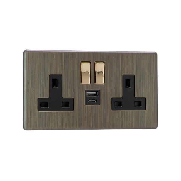 Urban Screwless Antique Brass 2-Gang 13A Single Pole Switched Socket with 1x USB A & 1x USB C Charging Ports XDY5UACBS.AB
