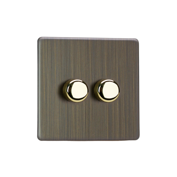 Urban Screwless Antique Brass 2-Gang 2-Way V-Pro Push On/Off Rotary LED Dimmer 2 x 0-120W (1-10 LEDs) JDYP252S.AB