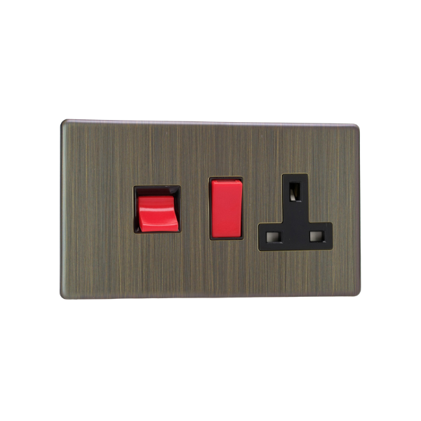 Urban Screwless Antique Brass 45A Cooker Panel with 13A Double Pole Switched Socket Outlet (Red Rocker) XDY45PBS.AB