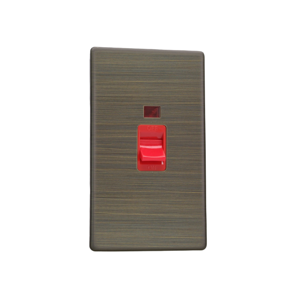 Urban Screwless Antique Brass 45A Cooker Switch + Neon (Vertical Twin Plate, Red Rocker) XDY45NS.AB
