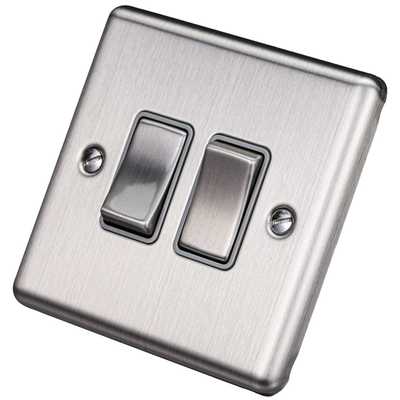 Brushed Steel 2 Gang Double 10A Light Switch W02BSG