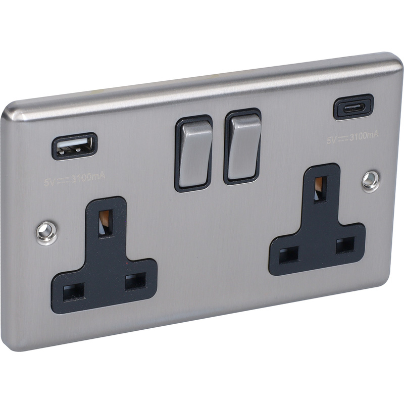 Brushed Steel Black USB A & C Type Switched Socket 2 Gang 3.1A - W67BSB