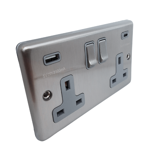 Brushed Steel White USB A & C Type Switched Socket 2 Gang 3.1A – W67BSG