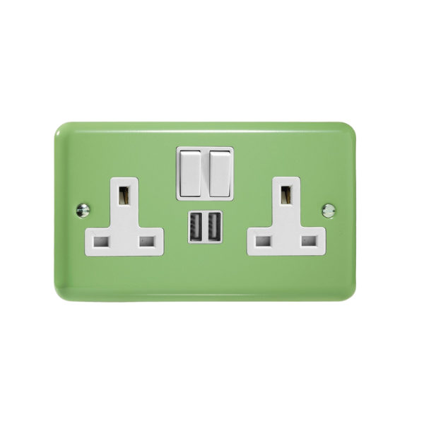 Beryl Green 2-Gang 13A Single Pole Switched Socket + 2x5V DC 2100mA USB Charging Ports XY5U2SW.BG