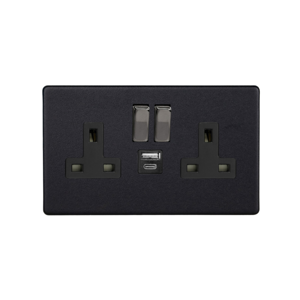 Matt Black Urban Screwless 2-Gang 13A Single Pole Switched Socket with 1x USB A & 1x USB C Charging Ports XDY5UACBS.MB