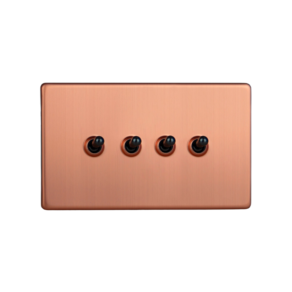 Brushed Copper Urban Screwless 4-Gang 10A 1- or 2-Way Toggle Switch (Twin Plate) XDYT9S.BC