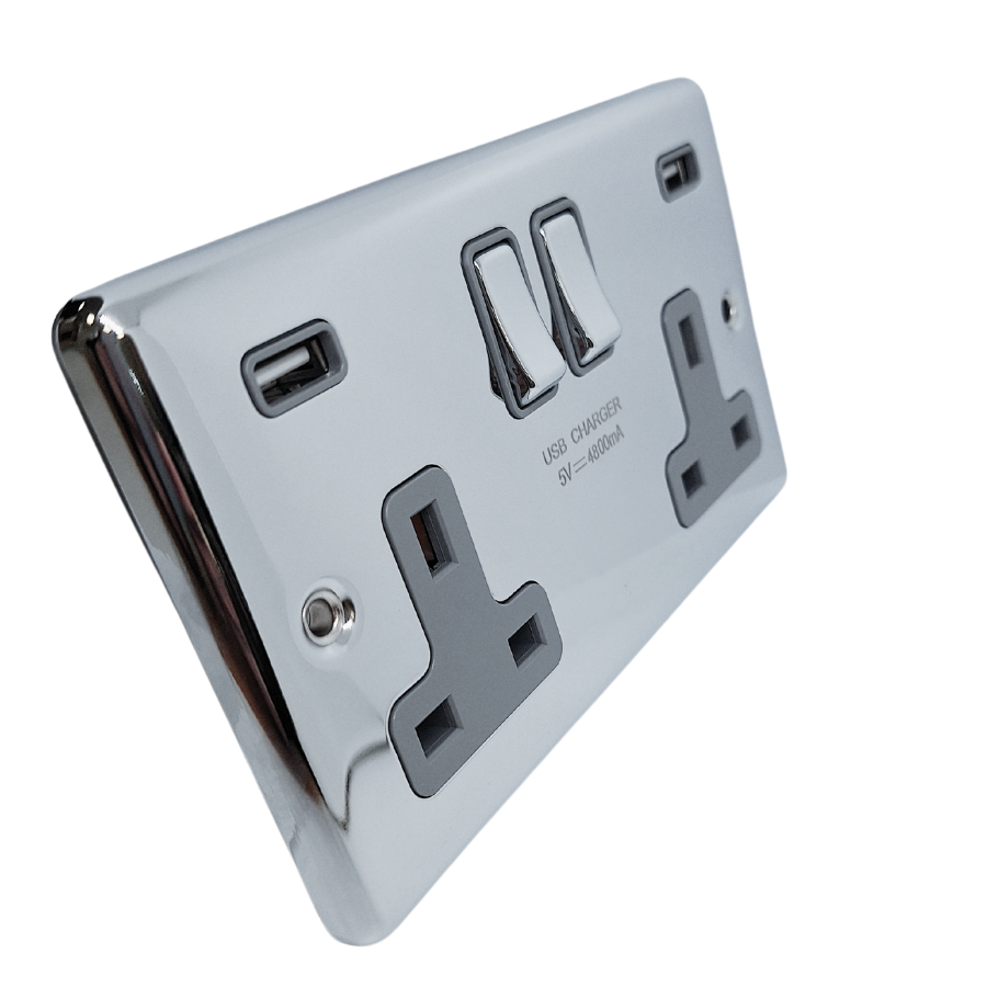 Polished Chrome USB – Twin Ports 4.8a Grey Insert – W66PCG