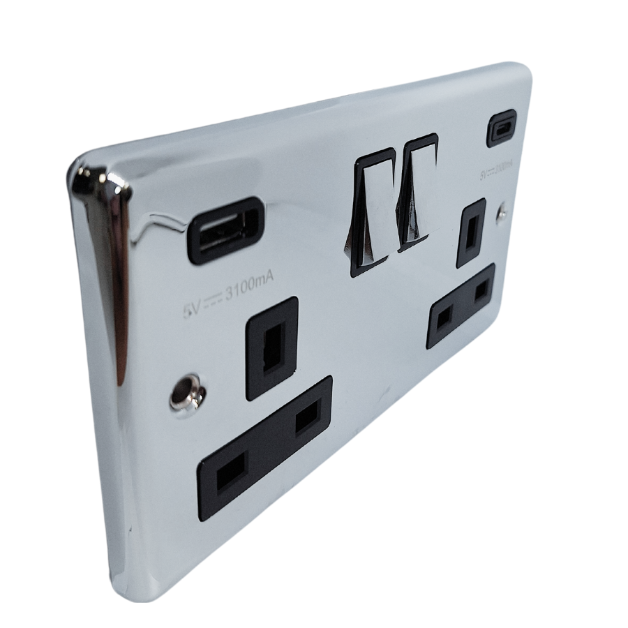 Polished Chrome Black USB A & C Type Switched Socket 2 Gang 3.1A – W67PCB