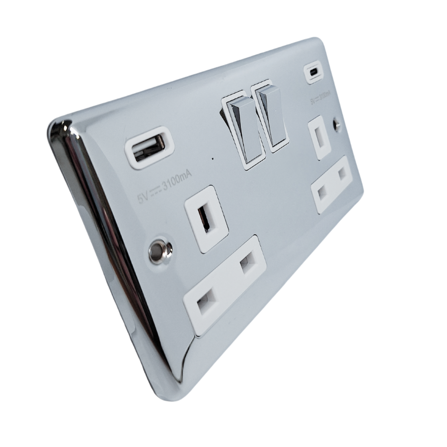 Polished Chrome White USB A & C Type Switched Socket 2 Gang 3.1A – W67PCW