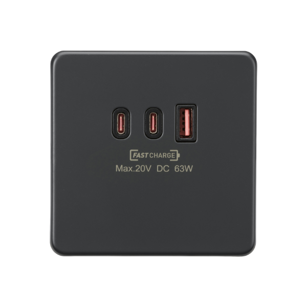 Anthracite 230V Triple USB Charger Plate 2xUSB-C 1xUSB-A [20V DC Max. 63W] - SF63WAT