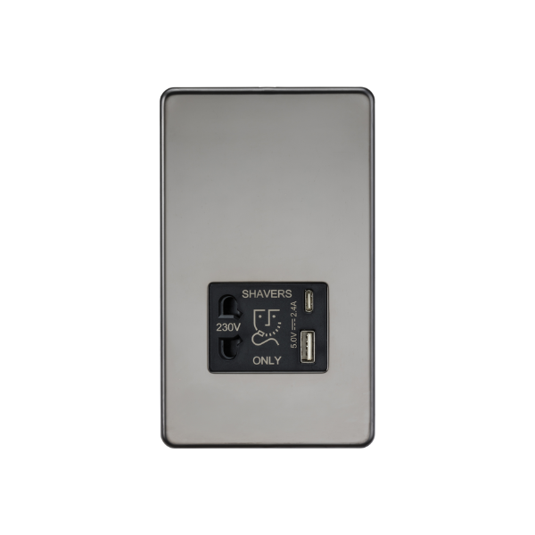 Black Nickel 230V Shaver Socket with Dual USB A+C [5V DC 2.4A shared] with Black Insert - SF8909BN