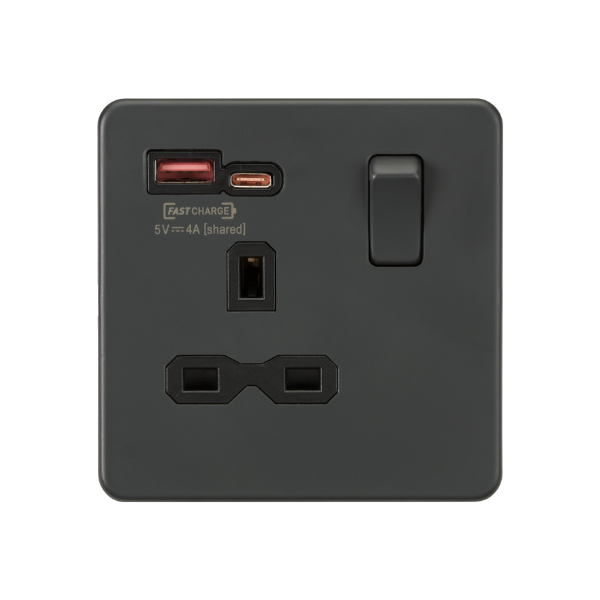 Anthracite 13A 1G SP Switched Socket with Dual USB A+C 12V DC 1.5A [Max. 18W] with Black Insert - SFR9919AT
