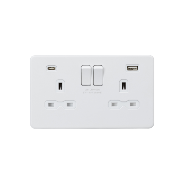 Matt White 13A 2G SP Switched Socket with Dual USB A+C (5V DC 4.0A shared) with White Insert - SFR9940MW