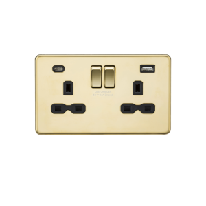 Polished Brass 13A 2G SP Switched Socket with Dual USB A+C (5V DC 4.0A shared) with Black Insert - SFR9940PB