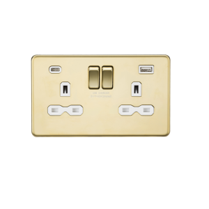 Polished Brass 13A 2G SP Switched Socket with Dual USB A+C (5V DC 4.0A shared) with White Insert - SFR9940PBW