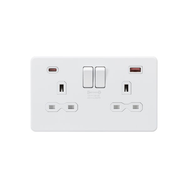 Matt White 13A 2G DP Switched Socket with Dual USB A+C 20V DC 2.25A (Max. 45W) with White Insert - SFR9945MW