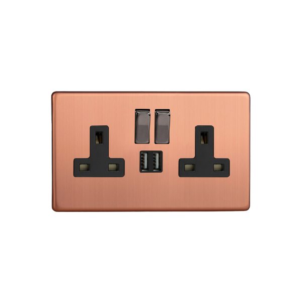 Brushed Copper Urban Screwless 2-Gang 13A Single Pole Switched Socket + 2x5V DC 2100mA USB Charging Ports XDY5U2SBS.BC