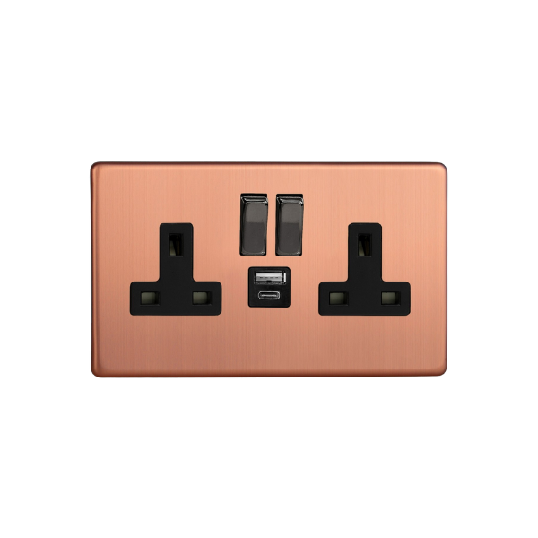 Brushed Copper Urban Screwless 2-Gang 13A Single Pole Switched Socket with 1x USB A & 1x USB C Charging Ports XDY5UACBS.BC