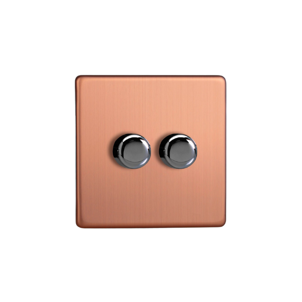 Brushed Copper Urban Screwless 2-Gang 2-Way V-Pro Push On/Off Rotary LED Dimmer 2 x 0-120W (1-10 LEDs) JDYP252S.BC