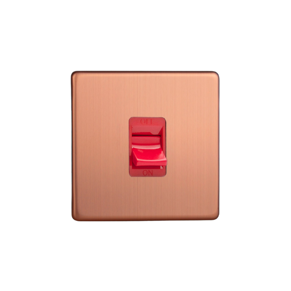 Brushed Copper Urban Screwless 45A Cooker Switch (Single Plate, Red Rocker) XDY45SS.BC