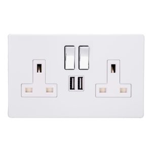 Varilight Primed 2-Gang 13A Single Pole Switched Socket + 2x5V DC 2100mA USB Charging Ports XDY5U2SWS.PD