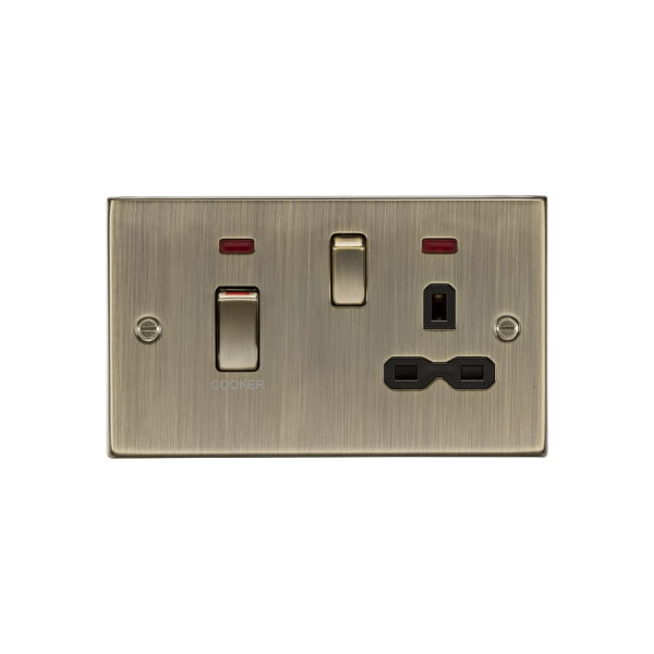 Antique Brass 45A DP Switch & 13A Socket with Neons with Black Insert - CS83MNAB