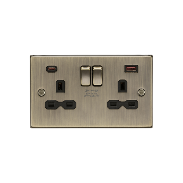 Antique Brass 13A 2G DP Switched Socket with Dual USB A+C 20V DC 2.25A (Max. 45W) with black Insert - CS9945AB