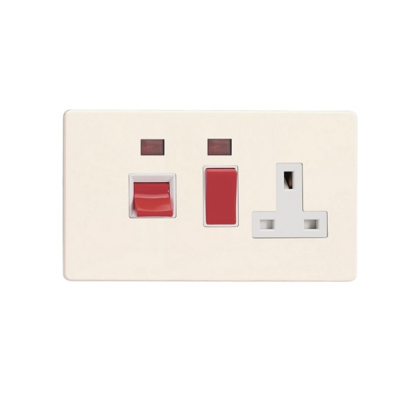 Varilight Primed 45A Cooker Panel + Neon with 13A Double Pole Switched Socket Outlet (Red Rocker) - XDY45PNWS.PD