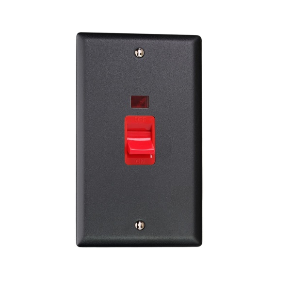 Varilight Vogue Matt Black 45A Cooker Switch + Neon (Vertical Twin Plate, Red Rocker) - XY45N.MB