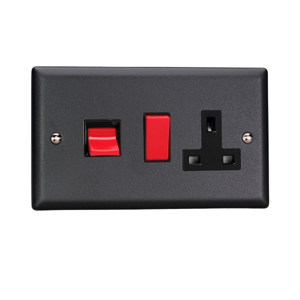 Varilight Vogue Matt Black 45A Cooker Panel with 13A Double Pole Switched Socket Outlet (Red Rocker) - XY45PB.MB