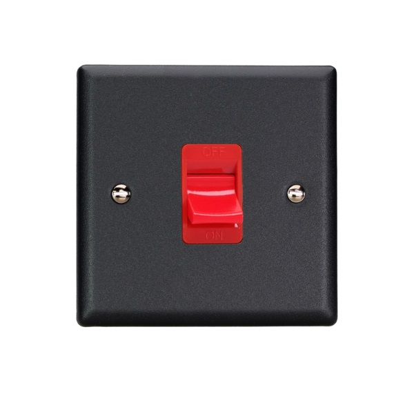 Varilight Vogue Matt Black 45A Cooker Switch (Single Plate, Red Rocker) - XY45S.MB